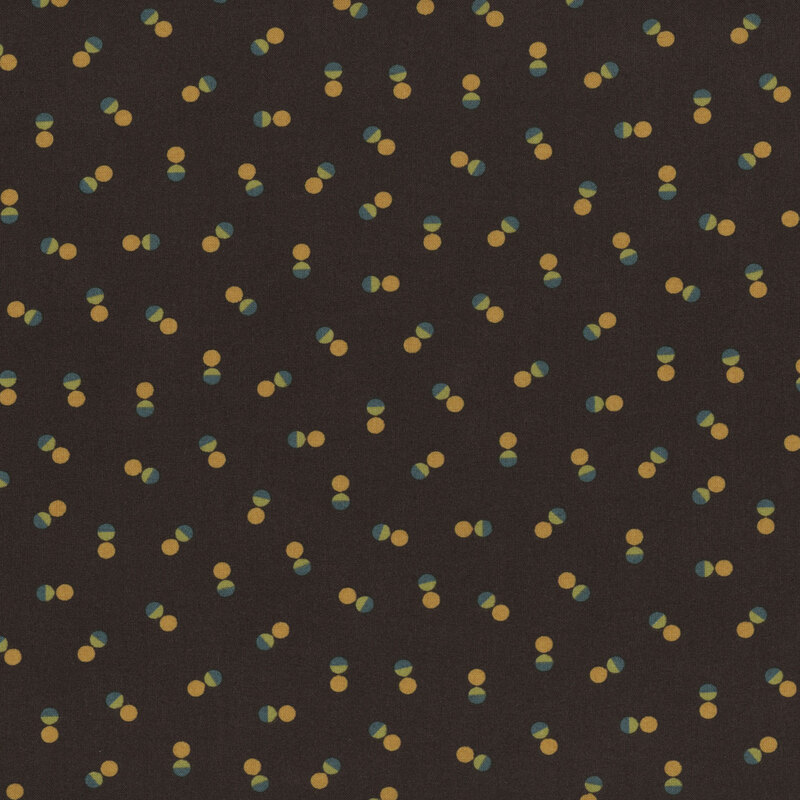 Dark brown fabric with tossed pairs of yellow and green dots