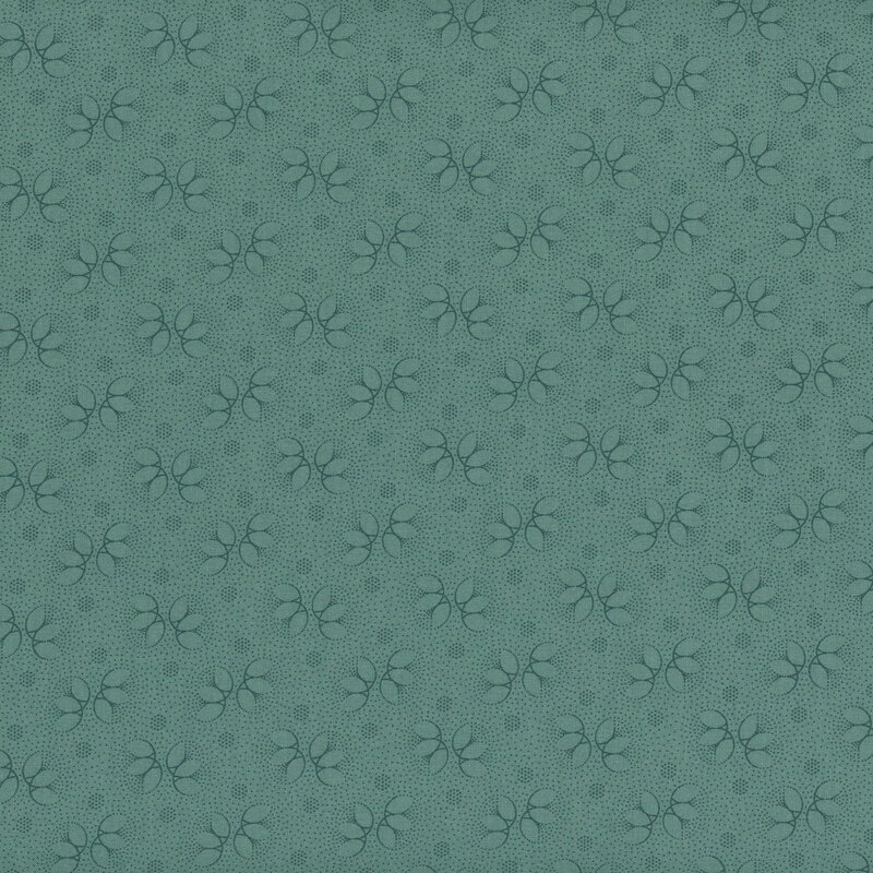 Teal blue tonal fabric with dark teal floral motif outline and dots throughout