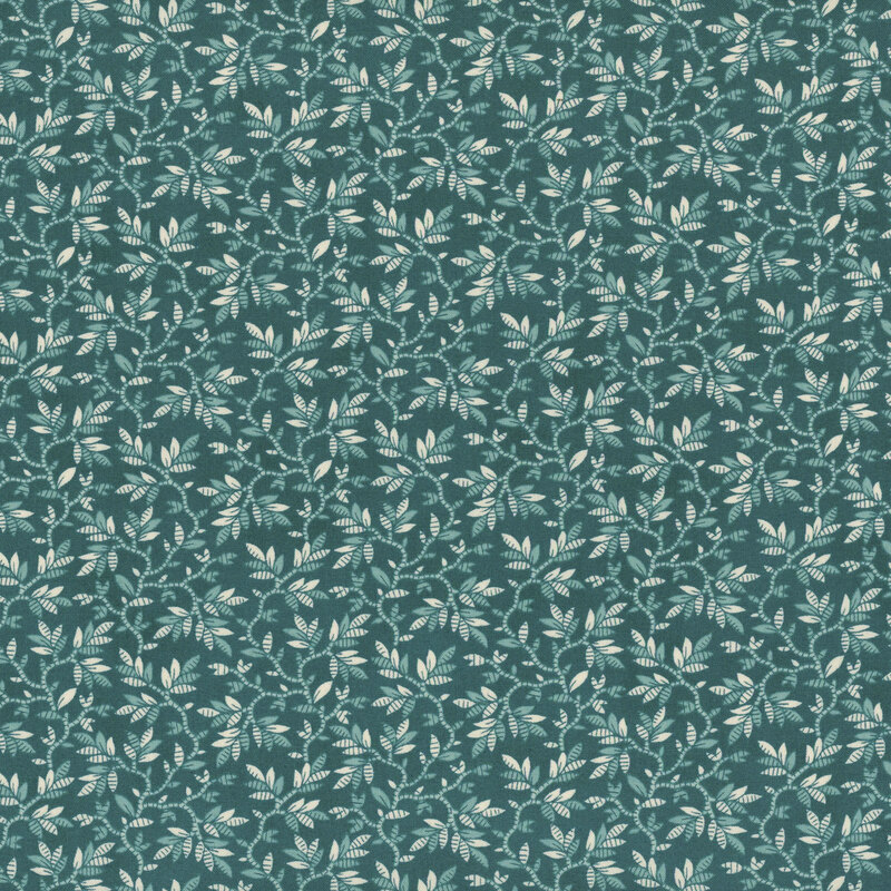 Dark teal fabric covered in light teal leaves and vines