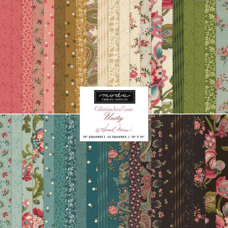 A collage of various fabric patterns arranged in vertical stripes, featuring floral designs, stripes, and textures in colors like pink, green, blue, and cream. The center includes a label that reads Moda, Collection for a Cause, Unity with additional details about fabric squares.