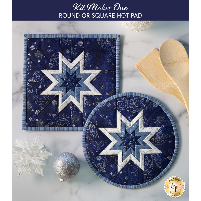 A top down shot of the completed round and square hot pads in dark blue, overlapping and staged on a white marbled table with coordinating decor like wooden spoons and Christmas ornaments.