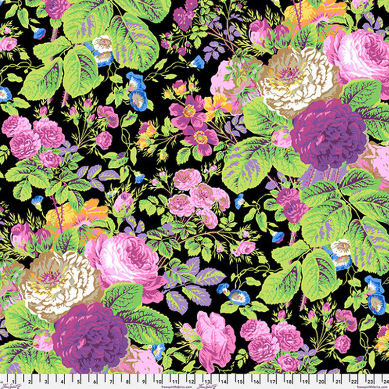 Black fabric with large, vibrant purple, white, and pink roses with bright green leaves and vines