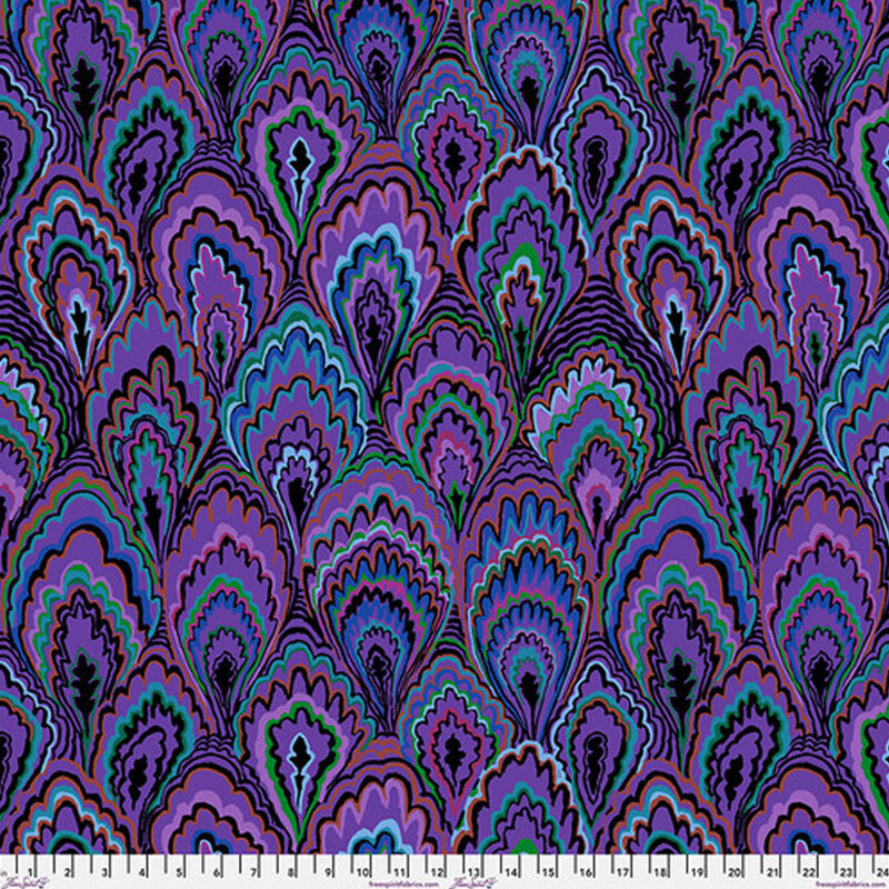 Deep purple fabric with vibrant marbled scallops with purple, aqua, and blue accents