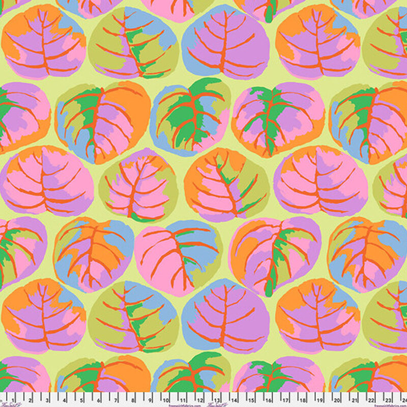 Bright pastel green fabric with large, vibrant pastel colored leaves