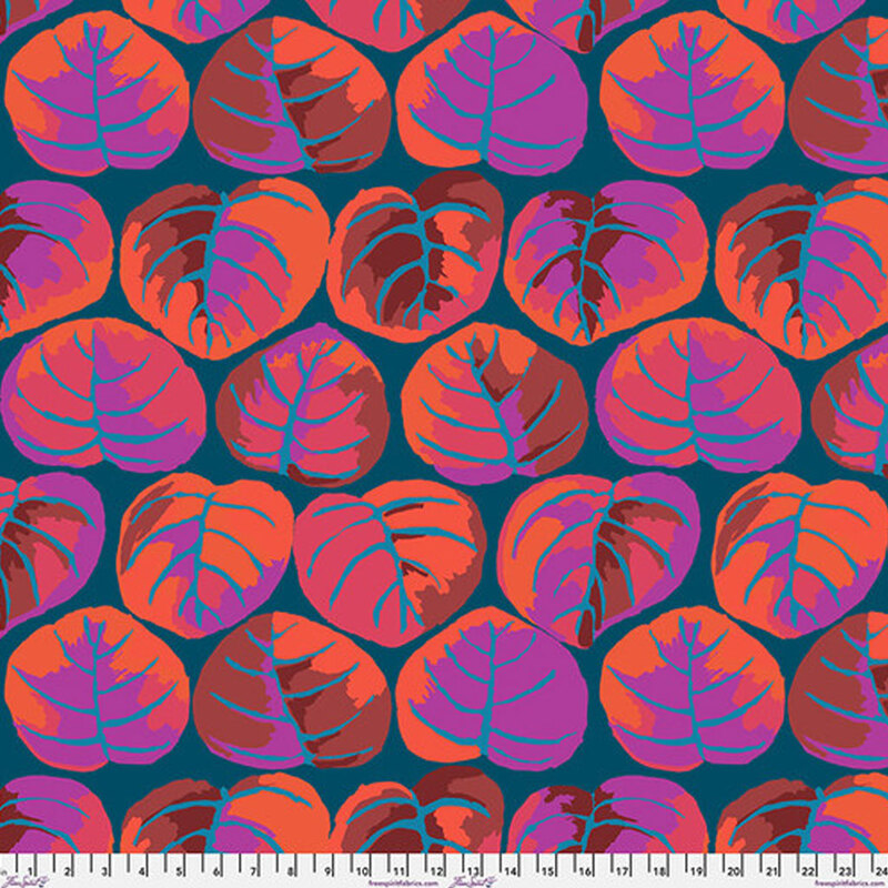 Dark teal fabric with large, vibrant, pastel red and purple palm leaves