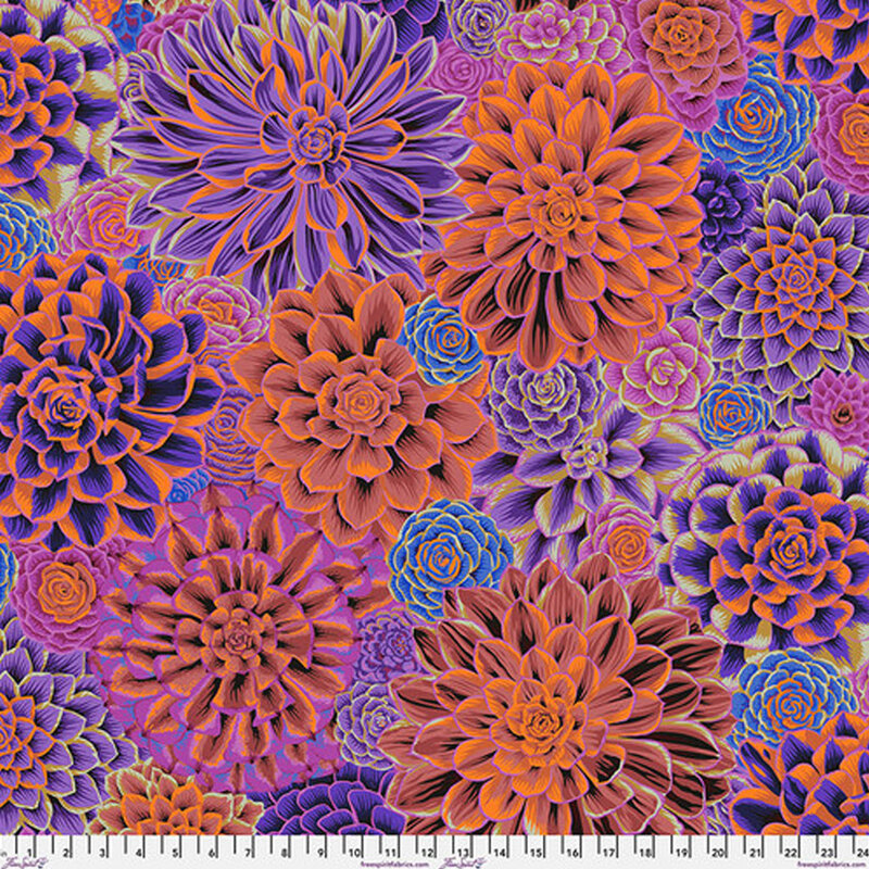 Colorful fabric with packed purple, red, blue, and burnt orange flowers