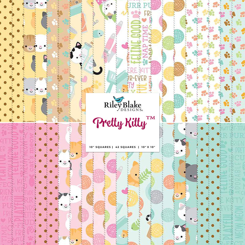 A stacked collage of yellow, white, pink, and aqua fabrics in the Pretty Kitty 10