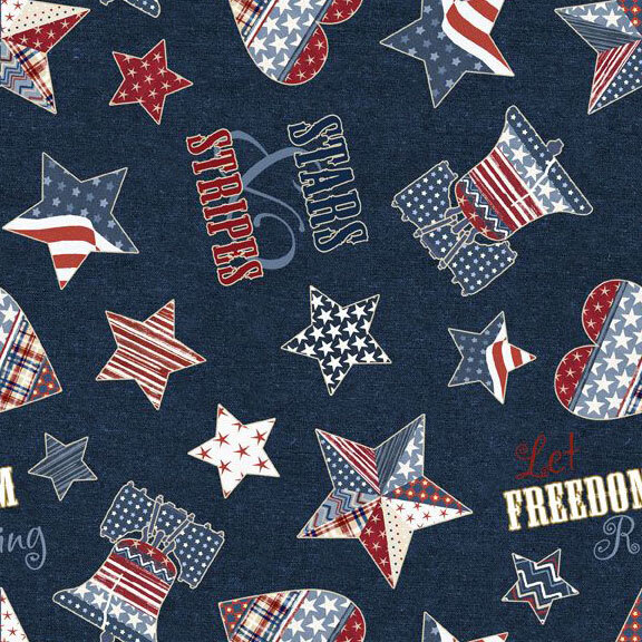 Blue fabric with an American themed pattern