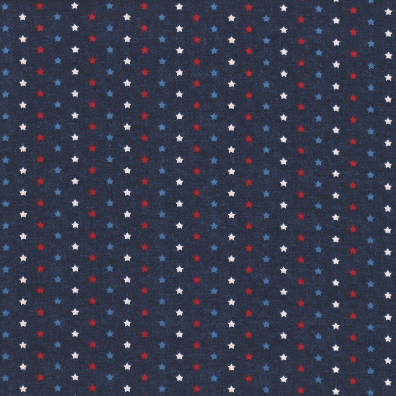 Navy blue fabric with an patriotically colored star pattern