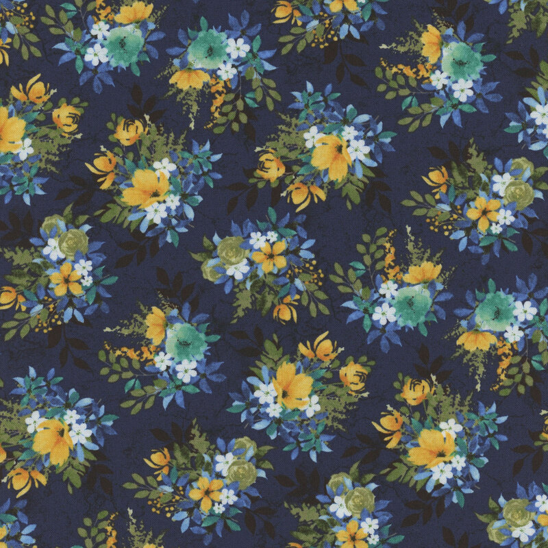 Blue fabric with evenly spaced bouquets of yellow, blue, teal, and white floral bunches