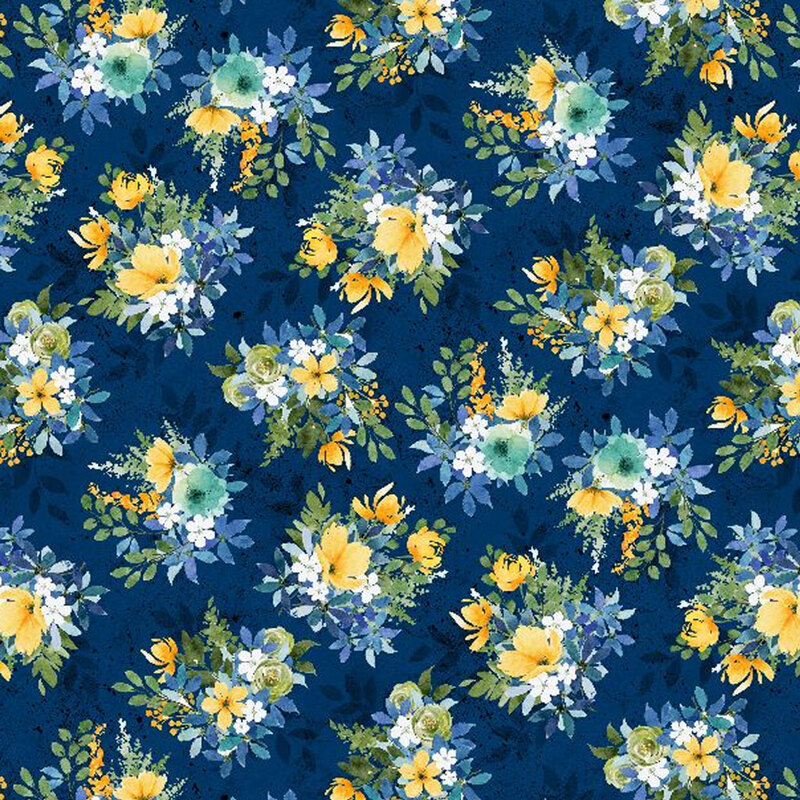 Blue fabric with evenly spaced bouquets of yellow, blue, teal, and white floral bunches