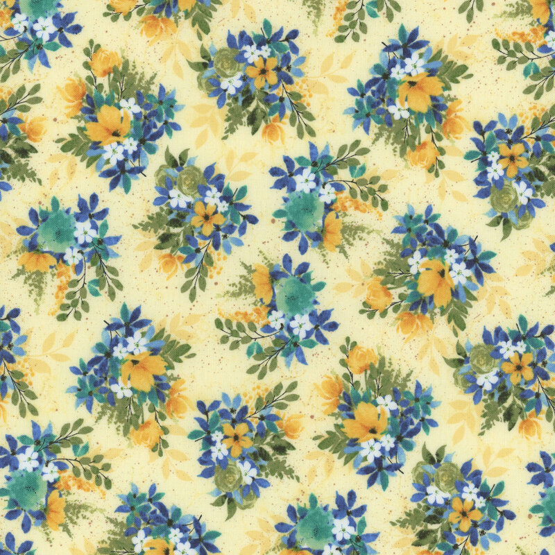 A repeating floral pattern featuring blue and yellow blossoms on a soft yellow background.