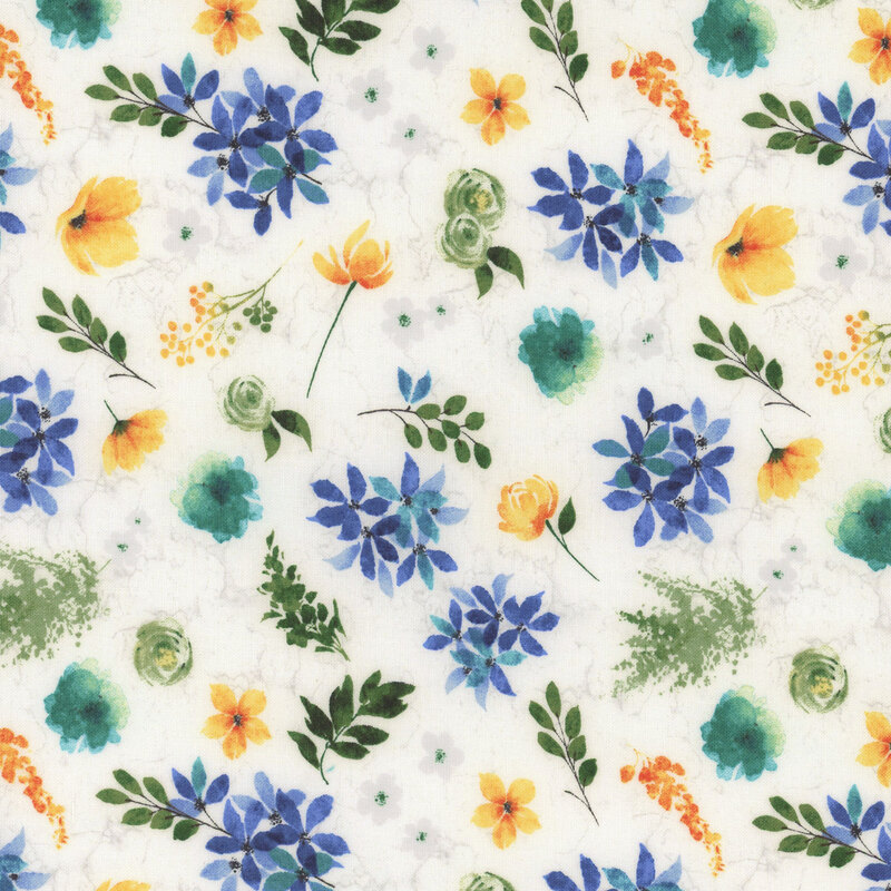 White fabric with tossed sprigs, leaves, vines, and yellow, teal, and blue florals