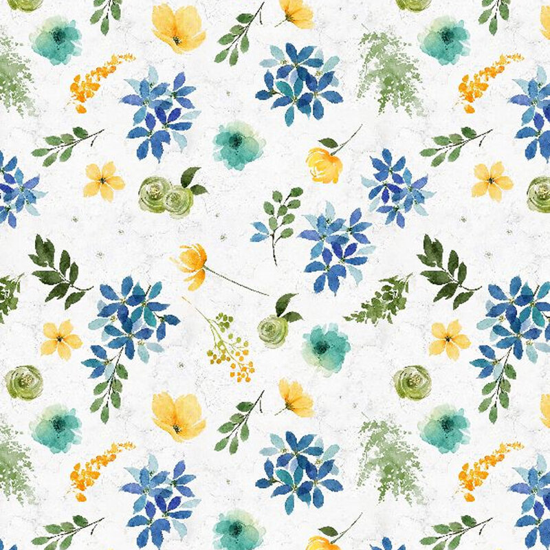 White fabric with tossed sprigs, leaves, vines, and yellow, teal, and blue florals