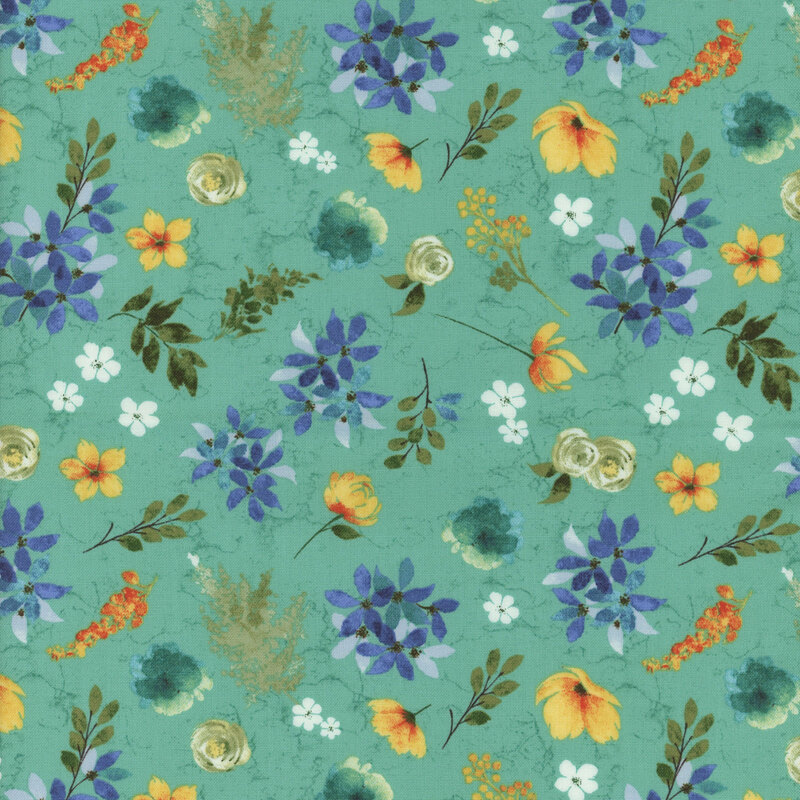 Teal fabric with tossed blue and green sprigs, and yellow, white, and teal flowers