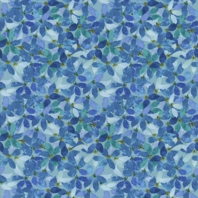 Light blue fabric covered in dark blue florals throughout