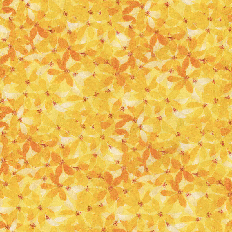 Yellow fabric covered in light yellow and orange florals