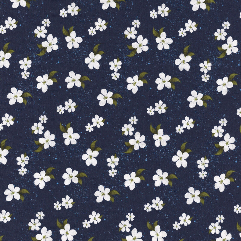 Dark navy blue fabric with tossed white flowers throughout