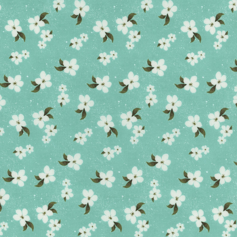 Light teal fabric with tossed white flowers throughout