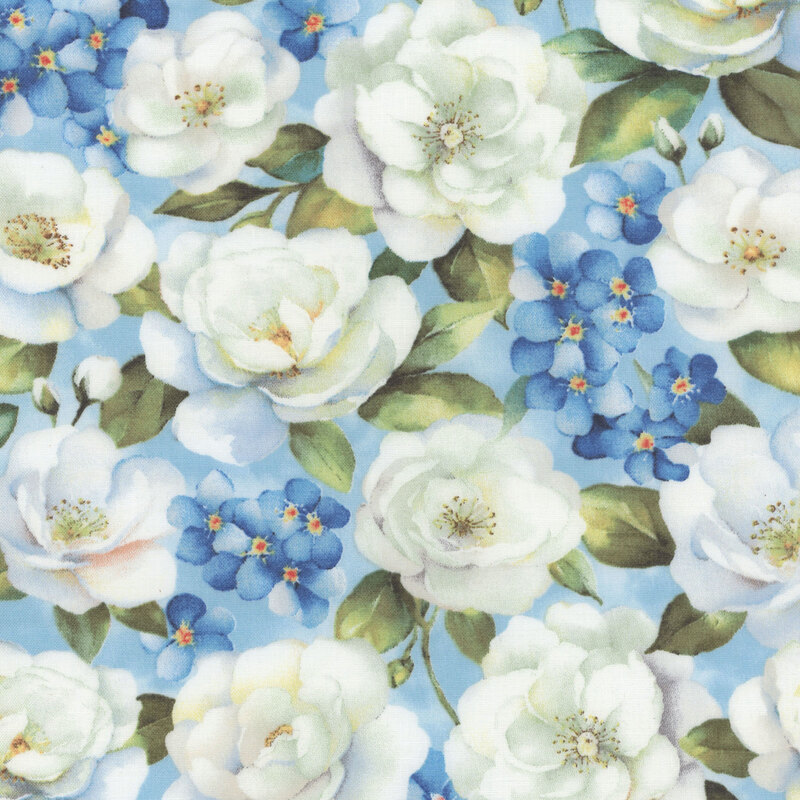 Light blue fabric featuring large white florals all over