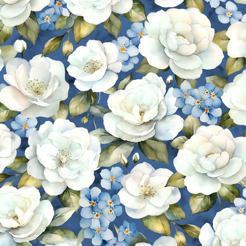 Dark blue fabric featuring large white florals all over