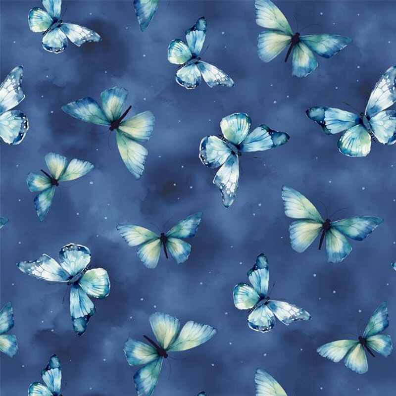 Mottled dark blue fabric featuring blue butterflies