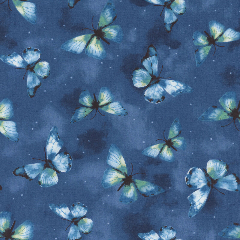 Mottled dark blue fabric featuring blue butterflies