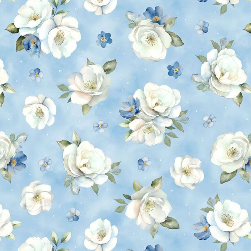 Light blue mottled fabric tossed with large white florals and small blue ones