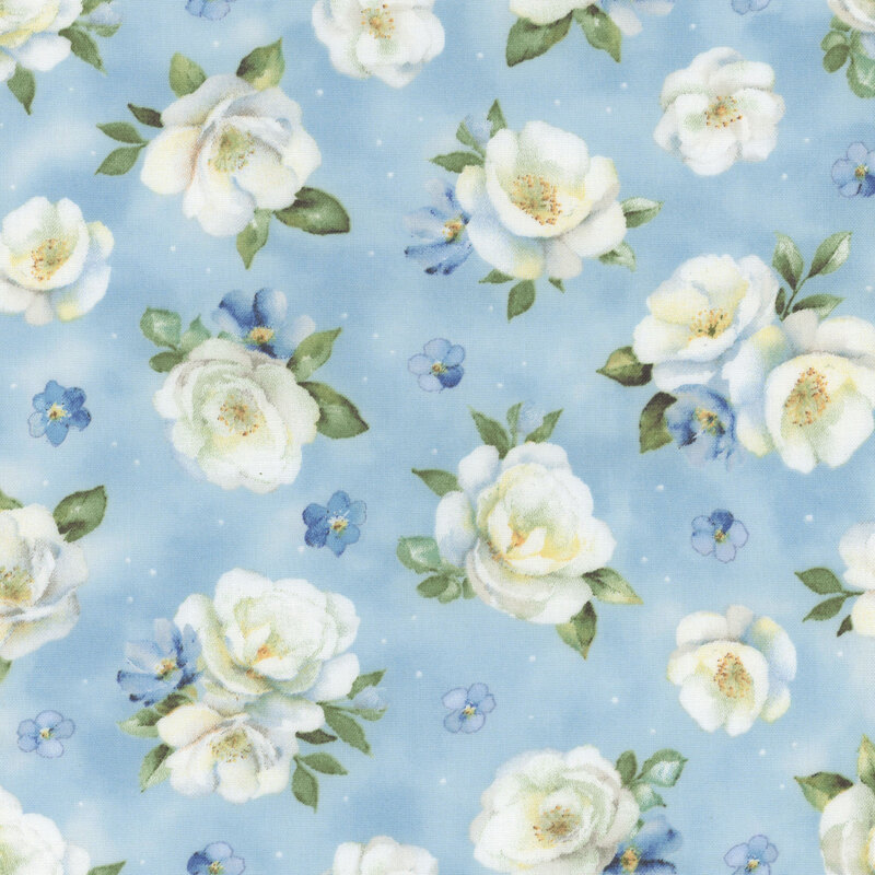 Light blue mottled fabric tossed with large white florals and small blue ones