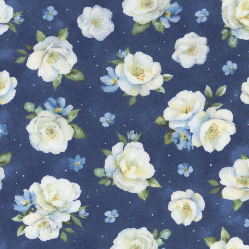 Dark blue mottled fabric tossed with large white florals and small blue ones