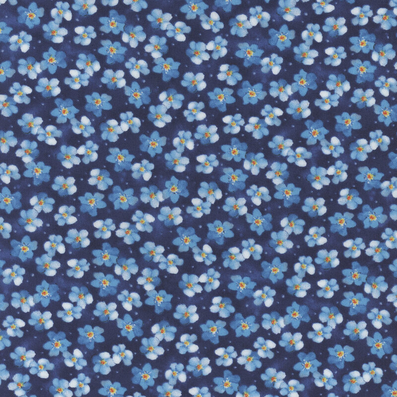 Dark blue fabric scattered with blue florals