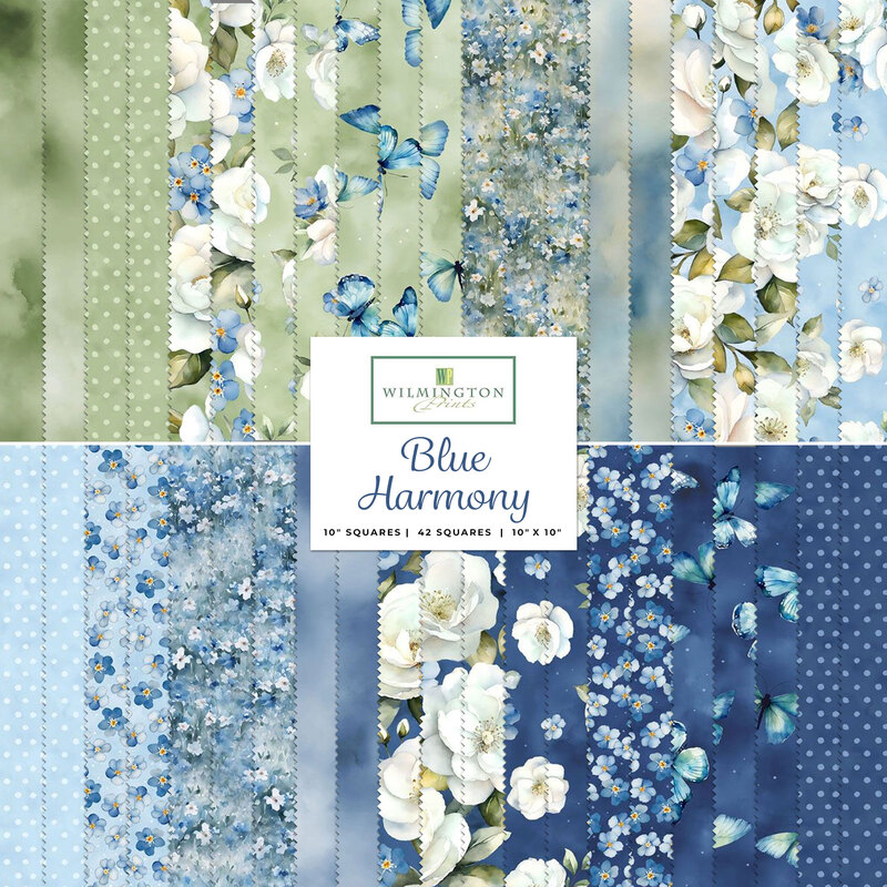 Collage of fabrics in the Blue Harmony 10 karat crystals in shades of green and blue