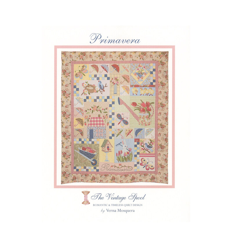 Front cover of the Primavera pattern, showing the completed quilt in pastel blue, yellow, creen, cream, and pink.