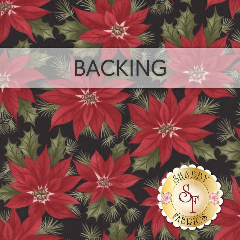 A swatch of black fabric with large red poinsettia flowers. A translucent white banner at the top reads 