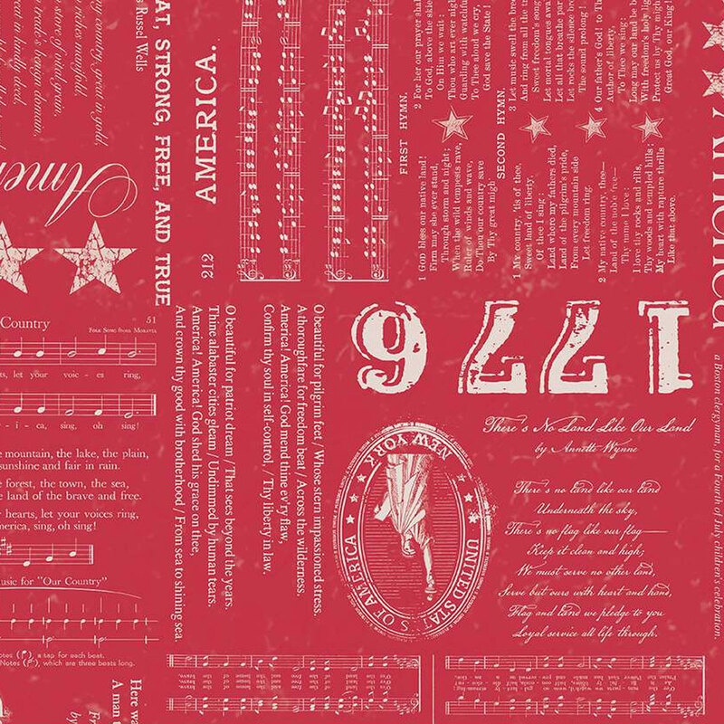 Barn red fabric with rustic patriotic themed blocks of text, the numbers 1776, and stars