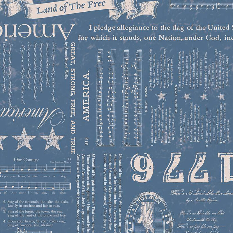 Denim blue fabric with rustic patriotic themed blocks of text, the numbers 1776, and stars