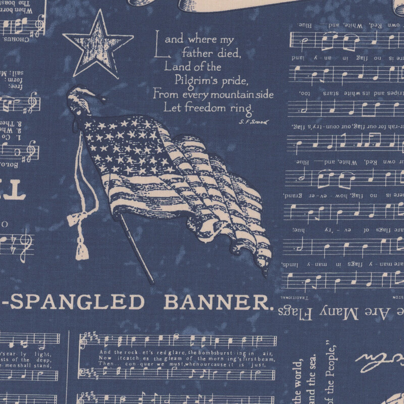 Denim blue fabric with rustic patriotic themed blocks of text, the numbers 1776, and stars