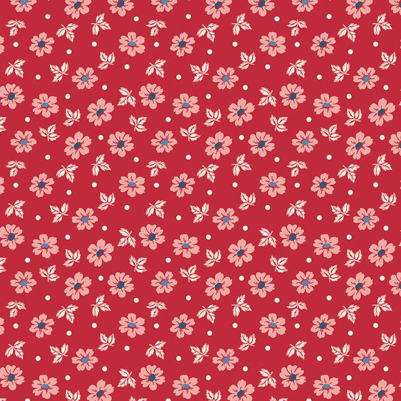 Barn red fabric featuring small pink flowers, white sprigs, and small white polka dots 