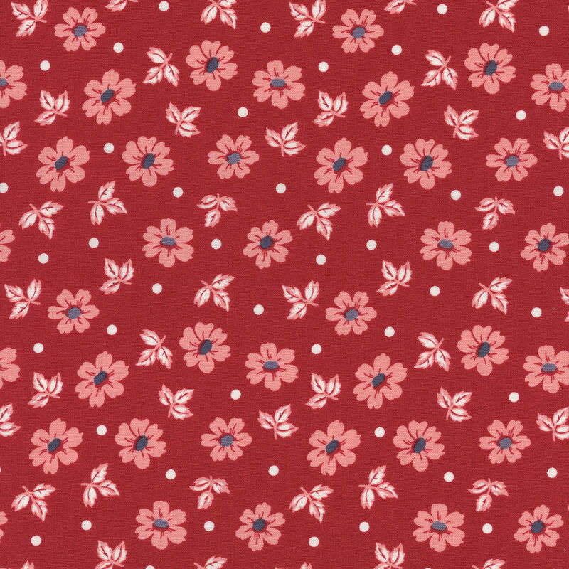 Barn red fabric featuring small pink flowers, white sprigs, and small white polka dots 