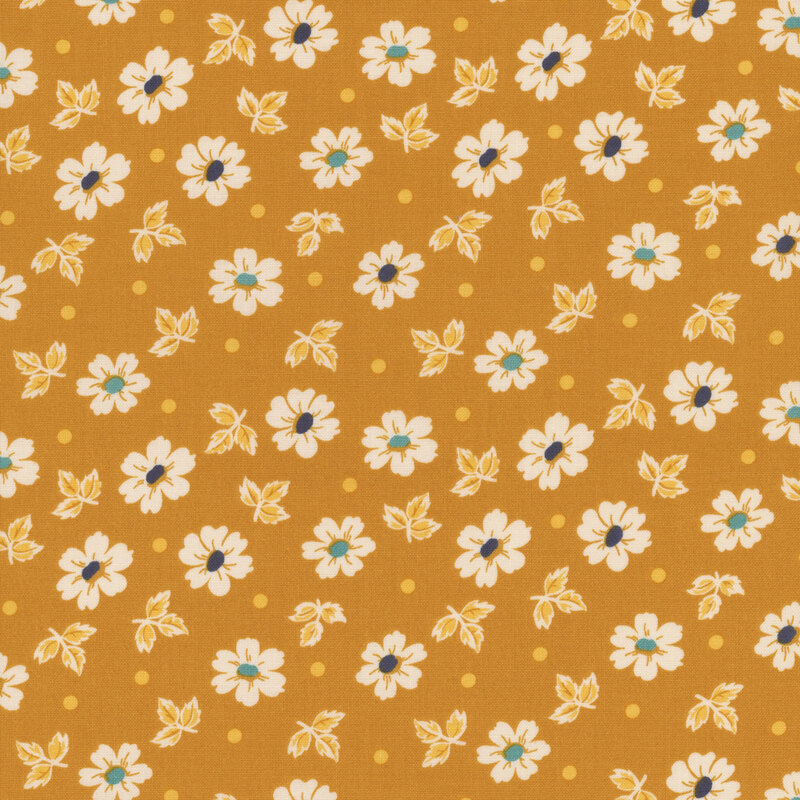 Turmeric yellow fabric featuring small white flowers, beige sprigs, and light tan polka dots throughout