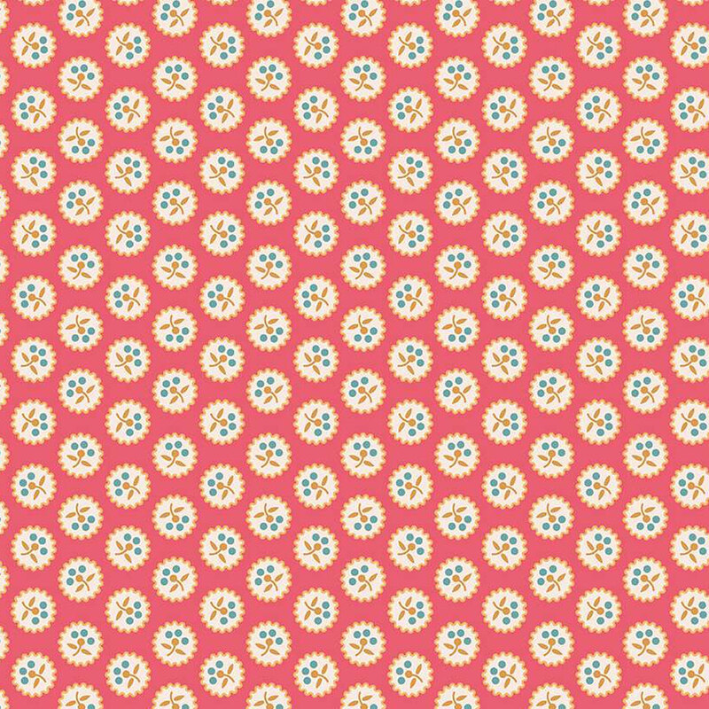 Barn red fabric with small beige squiggled polka dots with little blue florals in the center of each