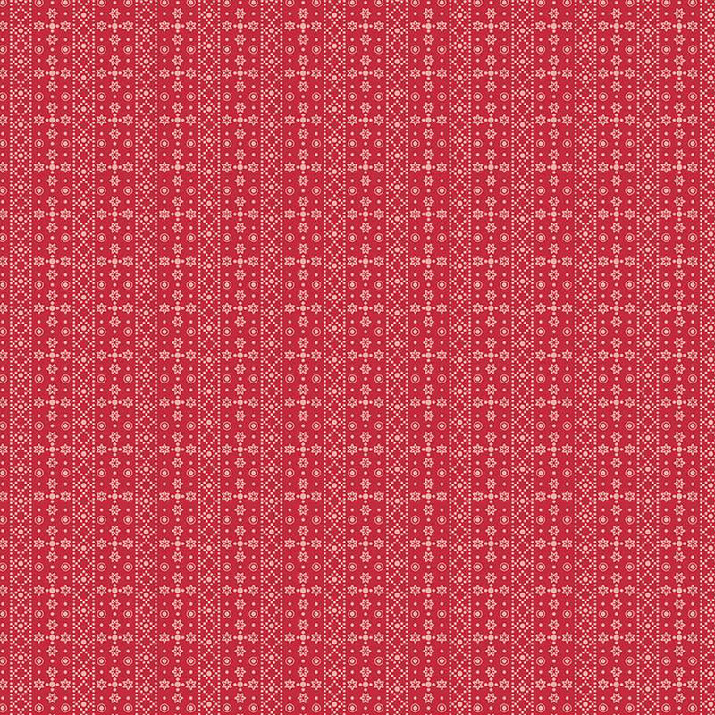 Barn red fabric with tonal geometric stripes and shapes all over