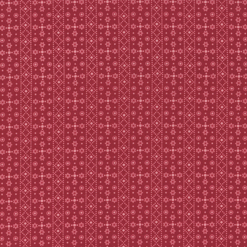 Barn red fabric with tonal geometric stripes and shapes all over