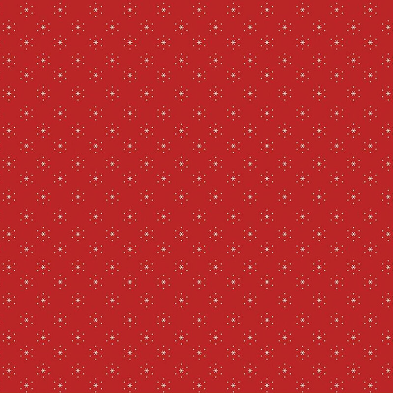 Barn red fabric with small, white, evenly spaced stars that are surrounded by little white polka dots