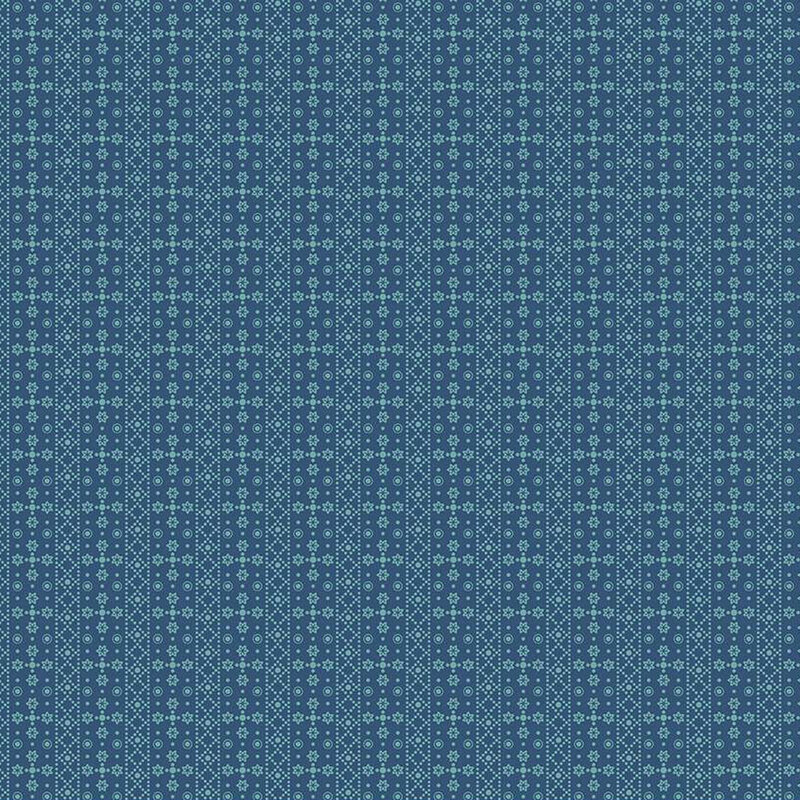 Denim blue fabric with tonal geometric stripes and shapes throughout