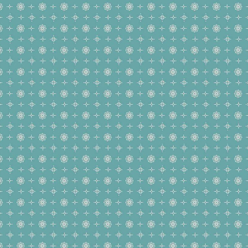 teal fabric with small, white, evenly spaced flowers and stars throughout