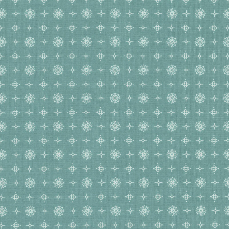 teal fabric with small, white, evenly spaced flowers and stars throughout