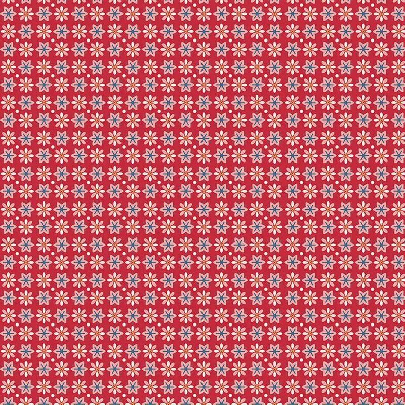 Barn red fabric featuring small pink, white, and blue stars and flowers in alternating patterns