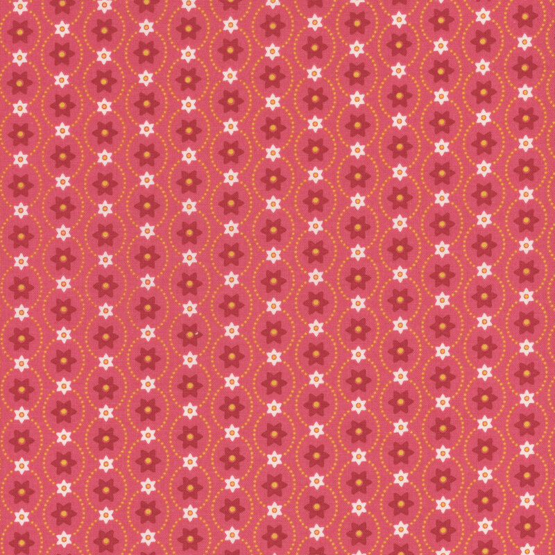 Pink fabric with stripes made of small red and white alternating flowers