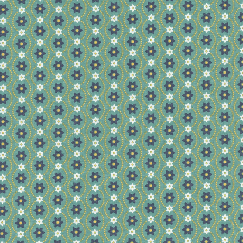 Teal fabric with stripes made of small blue and white alternating flowers